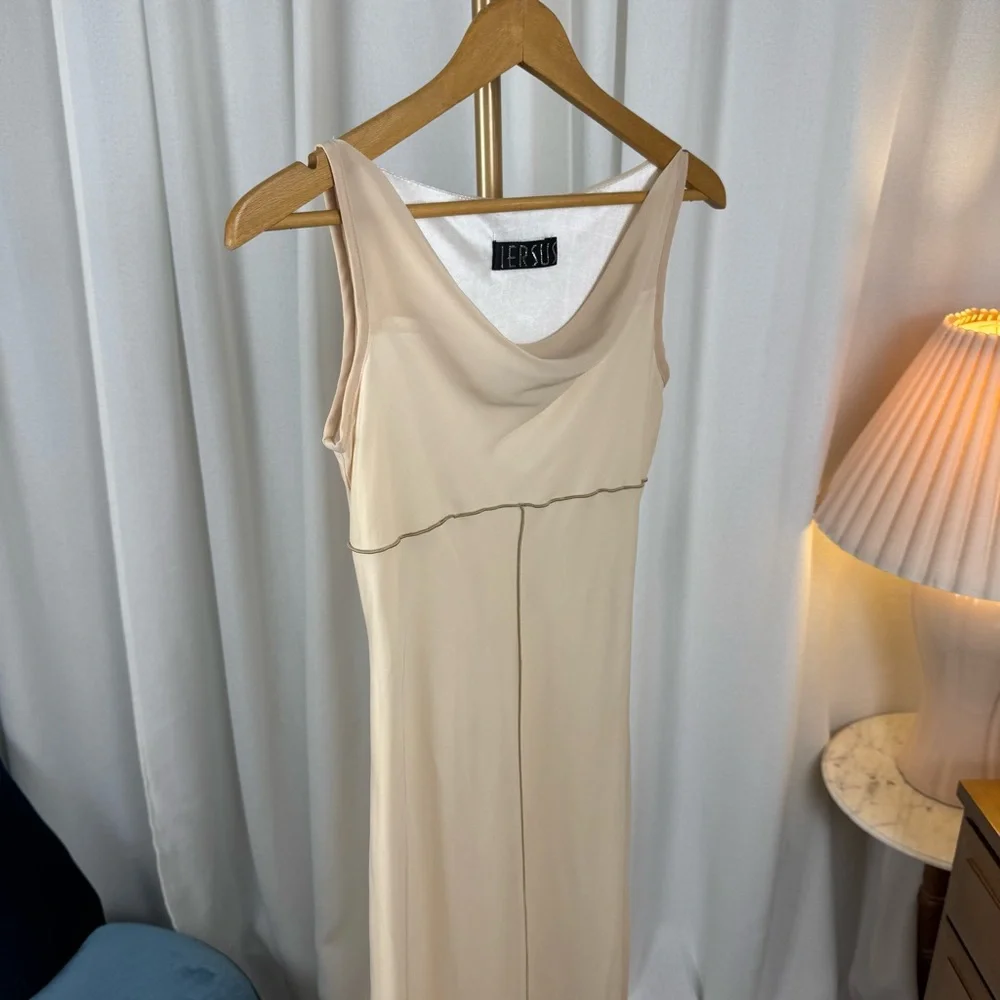 Vintage Y2K Nude Cowl Neck Bias-Cut Drape Midi Dress S/M - Picture 3 of 8